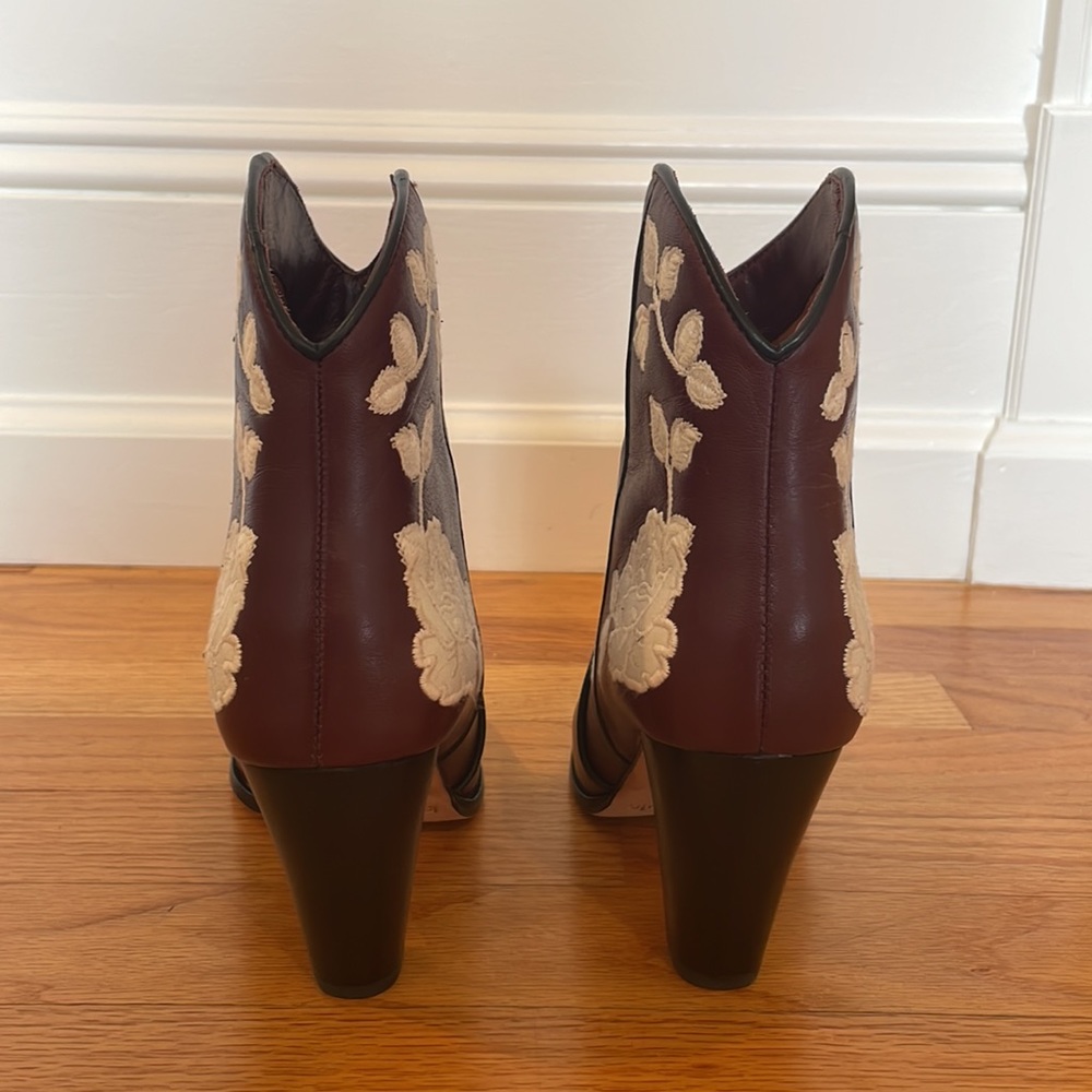 Kate Spade Burgundy Leather Ankle Boots with White Floral Embroidery - Picture 11 of 16